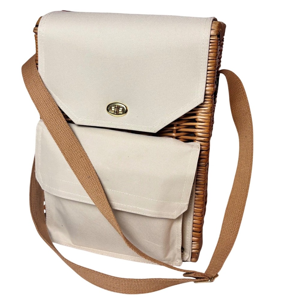 Picnic Time Wicker Canvas Wine Cheese Tote Crossbody Bag with Accessories‎ Beige